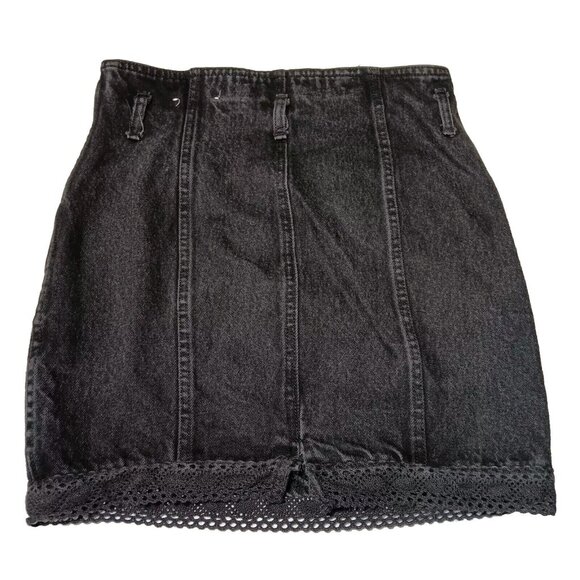 Jean St Tropez Jean Skirt 9/10 Mini Black Jean Denim Lace Trim Button Vintage - Picture 3 of 10